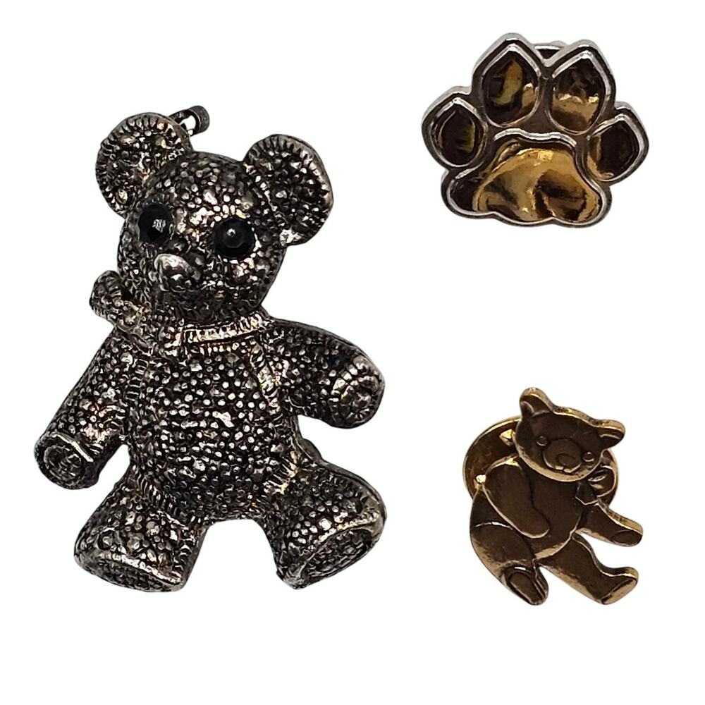 Vintage Teddy Bear & Paw Brooch Pin Costume Jewelry Bundle Silvertone Goldtone